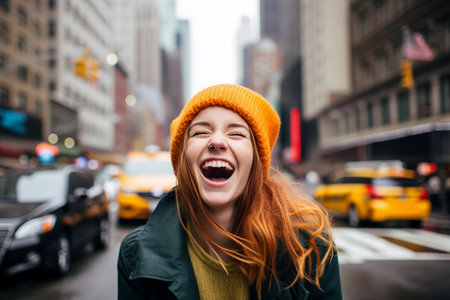 A woman in a yellow hat smiles in the street with a busy city street in the backgroundの素材