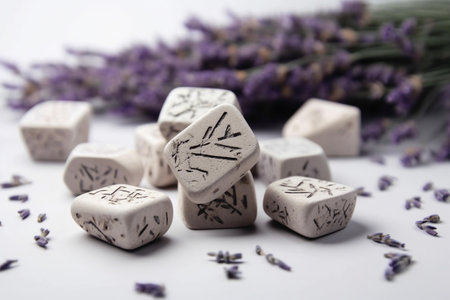 A stack of wooden dice with the word lavender on the topの素材