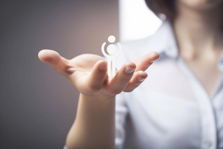 A woman holds a hand with the word people on itの素材
