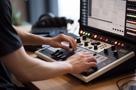 A man is playing a music video with a dj mixer. A man works on a dj mixer in a recording studioの素材