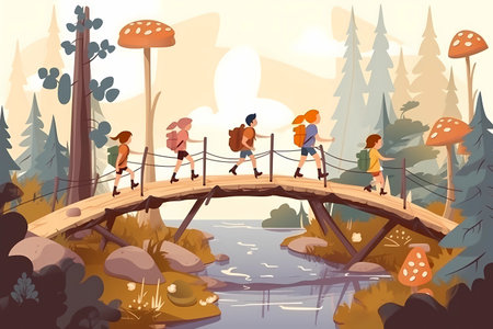 A group of kids walking across a bridge with a mushroom on itの素材