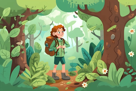 A boy with a backpack walks through a forestの素材