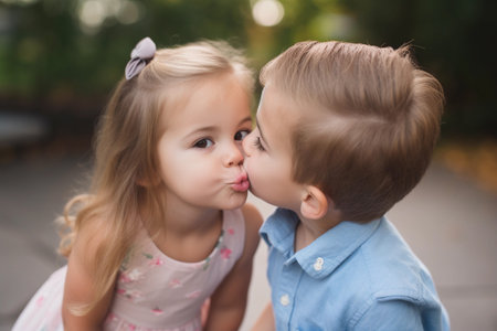 A boy and girl kiss on a sunny dayの素材