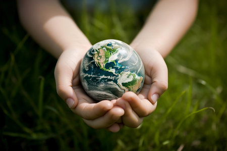 A child holds a globe in their handsの素材