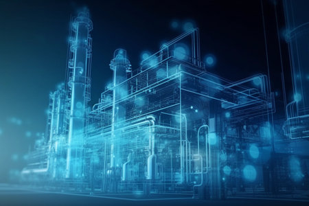 A blue and white image of a factory with a blue background and a blue background with a large industrial area with a large plant in the foregroundの素材