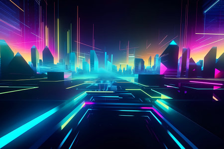 A digital art illustration of a city with a neon city in the backgroundの素材