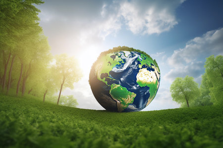 A green planet is being held up in a fieldの素材