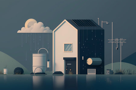 showing rainwater harvesting, rainwater harvesting. The concept of conserving drinking water Green Home.の素材