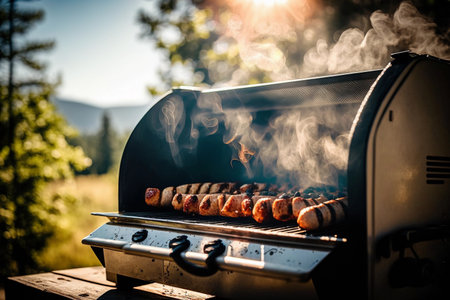 Sausages on a grill to be cooked on charcoal in a park. USA weekend.の素材