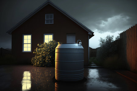 rainwater harvesting. rainwater barrel next to the house.の素材