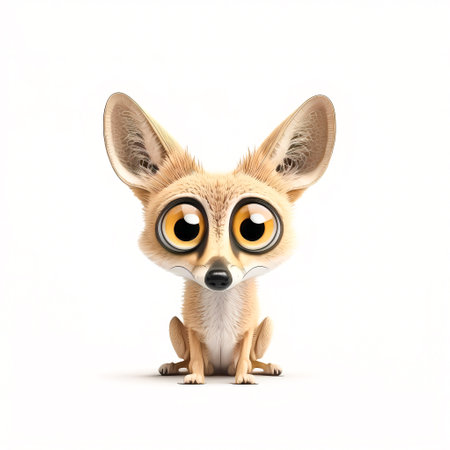 A small Coyote animal with big eyes sits on a white backgroundの素材