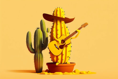Cinco de Mayo. Mexican cactus in sombrero playing guitar. yellow background.の素材