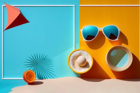 Summer tropical mock up palm leaves and blue orange background. Perfect vacation banner poster.の素材