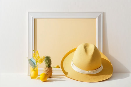 summer accessories with copy space. holiday fashion background on white wooden table. Horizontal frame for spa or wellness conceptの素材