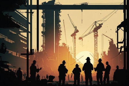 Silhouette engineer constantly ordering construction crews to work on heavy industry and security concept on blurred natural sunset pastel background.の素材