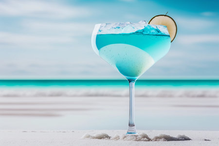 Cocktail glass on the beach blank for text. post card banner.の素材