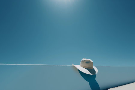 The notion of a summer vacation is the beginning of a weekend. A sun hat to a blue sky. The concept of minimalism.の素材