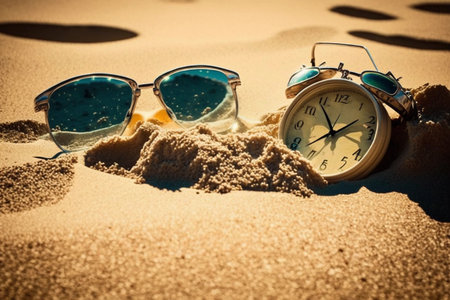 vacation time. Alarm clock on the sand with sun glasses.の素材