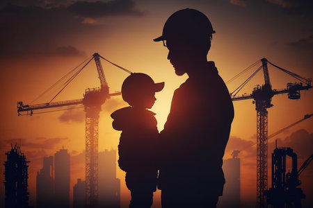 boy and father against the background of construction cranes on the evening sunset, the concept of father and son.の素材
