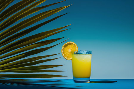 vacation at sea. Summer vacation cocktail and palm leaves at sea beach landscape beautiful seascape banner seaside vacationの素材