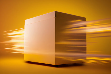 The package is delivered at high speed. Box on yellow background parcel with lines from high speed.の素材