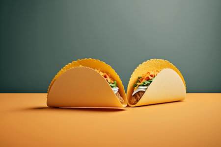 Tacos with vegetables on a bright yellow background.の素材