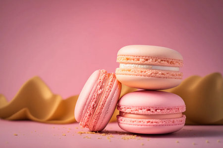 macarons Raspberry and strawberry pink on pastel pink background.の素材