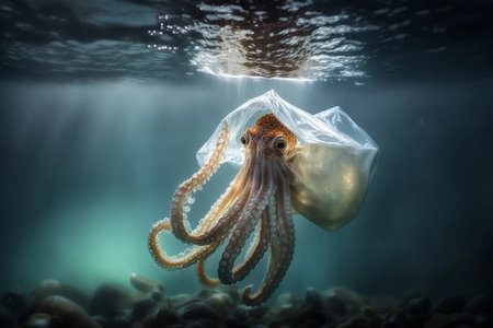 The concept of plastic kills life. octopus and plastic bags. plastic pollutionの素材