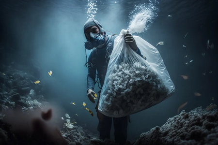 Plastic ocean cleanup, diver picks up trash.の素材
