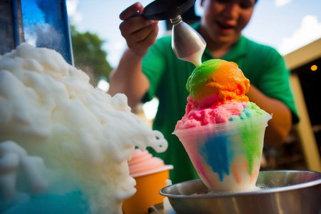 ice cream making process. Shaved Rainbow Hawaiian Ice in a Bowl.の素材