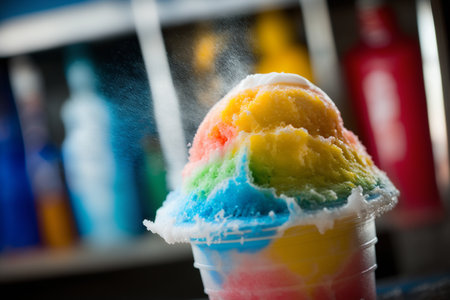 Sweet Homemade Shaved Rainbow Hawaiian Ice in a Bowlの素材