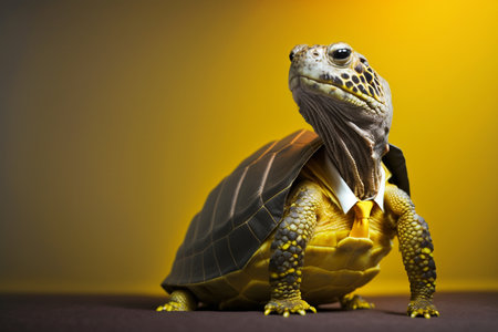 a turtle in a suit and tie on a yellow background.の素材