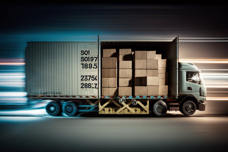 Freight delivery by truck. Distribution Warehouse Delivery Van concept online ordering, shopping, e-commerce goods, food, medical supplies. Evening Snapshot.の素材