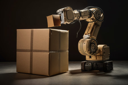 Automated product packaging. Modern factory robot packs cardboard box.の素材