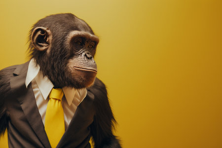 chipanze in a suit. Business concept yellow background.の素材