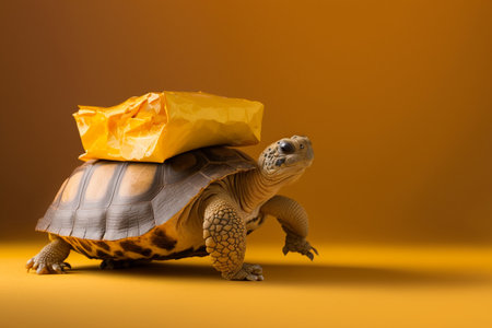 The concept of slow delivery. Close-up turtle with shipping box on a back,Slow delivery on turtle.の素材