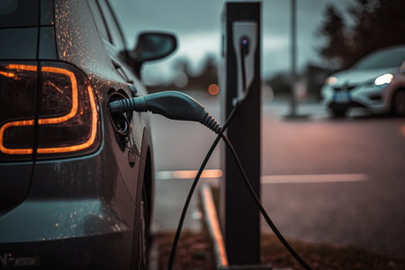 electric car on charge at night neon.の素材