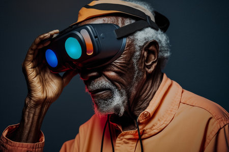 An African male black man wearing virtual reality glasses. Elderly man. The mastering of new technologies by the older generation of peopleの素材