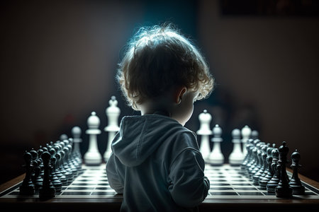 the concept of difficult choices. A little boy tries to play chessの素材