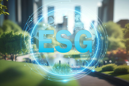A blue ball with the word ESG written on it with the ESG pictogram, which stands for the concept of environmental, social and governance management in a sustainable and ethical business on a network connection on a green backgroundの素材