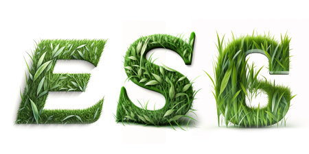 abstract 3D rendering of leaves forming ESG text symbol on white background, creative environmental investment fund, 2023 future green energy innovative business trend.の素材