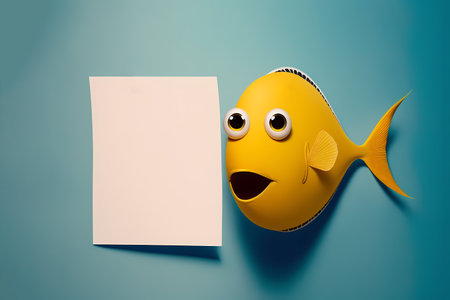 Illustration of a funny fish on a white background isolate. Riba with paper blank mock up Concept under card and text. April Fools' Day.の素材