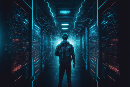 A hacker stands with him back to the data center. Hacking into a storage facility using a computer to stage a massive attack on corporate servers. A secret location surrounded by displays, servers, and cablesの素材