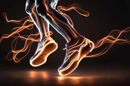 Footwear technology science fitness flexibility. Man woman fitness foot glowing rings. Low poly futuristic polygonal design athletic shoes..の素材