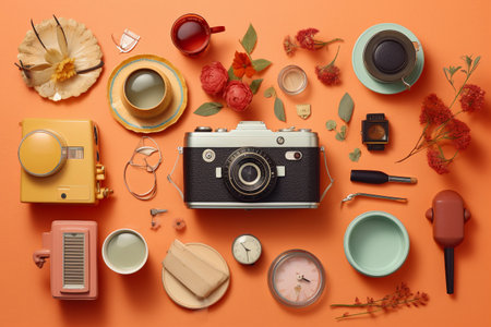 A collection of items including a camera, a compass, a hat, and a hat.の素材