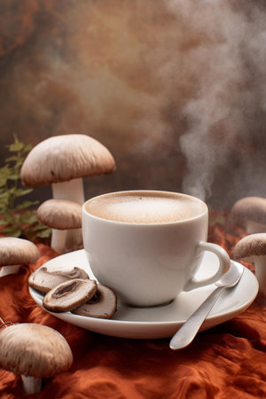 A cup of coffee with mushrooms on a tableの素材
