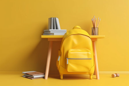 Yellow backpack on a yellow table next to a bookshelf and a stack of books.の素材