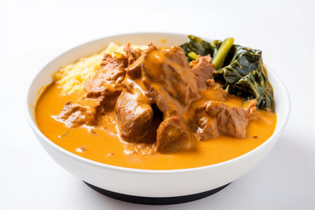 A bowl of curry with a green leafy vegetable.の素材