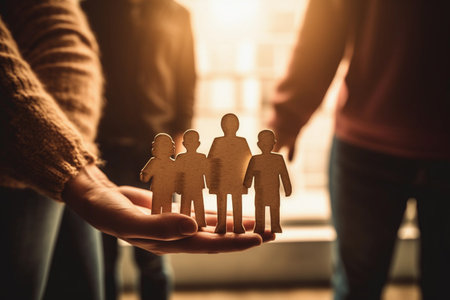 World Population Day A hand holding a small wooden figurine of three people.の素材