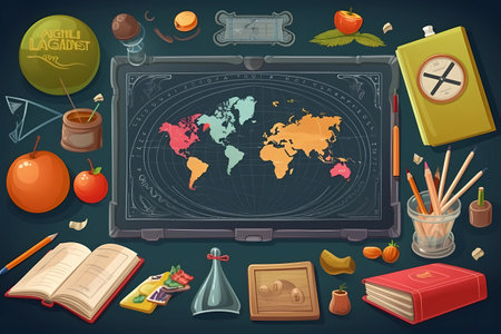 A cartoon illustration of a map of the worldの素材